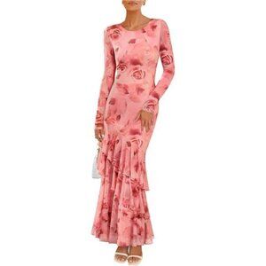 Women's Fall Floral Maxi Dress Light Pink